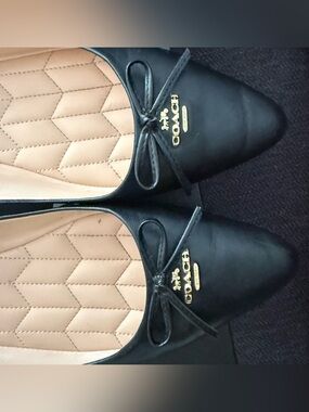 Coach Black Leather Bow Ballet Flats with Gold Plaque